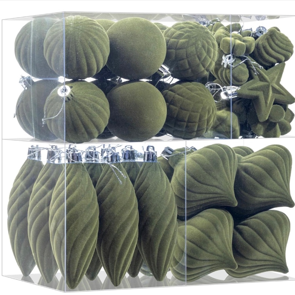 New 48 pcs Green Velvet Assorted Shape Hanging Christmas Ornament Flocked Set
